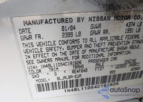 2004 Nissan Altima 3.5 Se z USA, uszkodzony, nr VIN 1N4BL11D54C191626